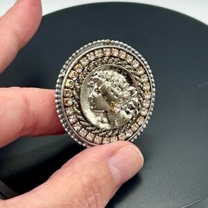 Vintage Silver and Rhinestone Coin Brooch & Scarf Clip